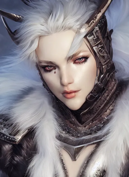 Image similar to barbarian, fur leather armor!!! beautiful and elegant white hair female!! gorgeous ayes!! character concept art, sharp focus, octane render! unreal engine 5! highly rendered!! trending on artstation!! detailed linework!! illustration by artgerm, wlop, and chie yoshii