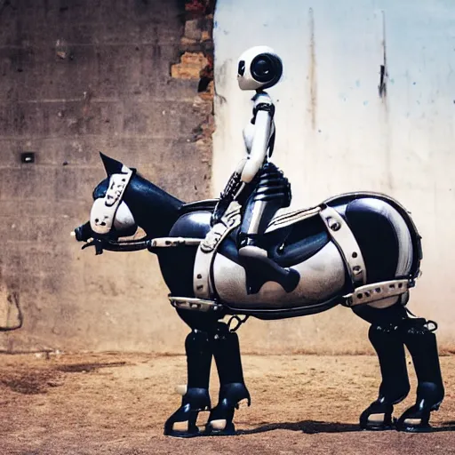 Prompt: a robot girl riding a mechanical horse