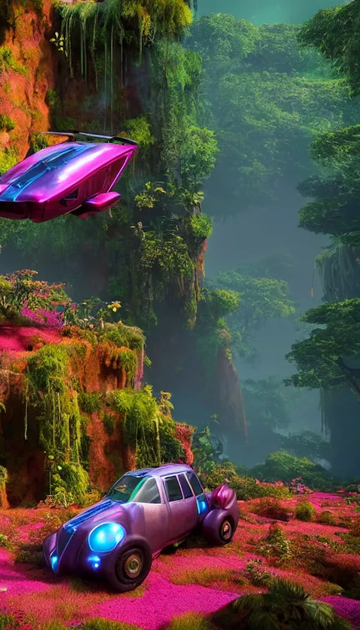 Prompt: a sci fi rusty flying car floating in a prehistoric jungle cave, lush flora, waterfall, magenta flowers, orange sky, teal clouds, sunset, hazy, volumetric lighting, rtx on, photorealistic render, unreal engine 5