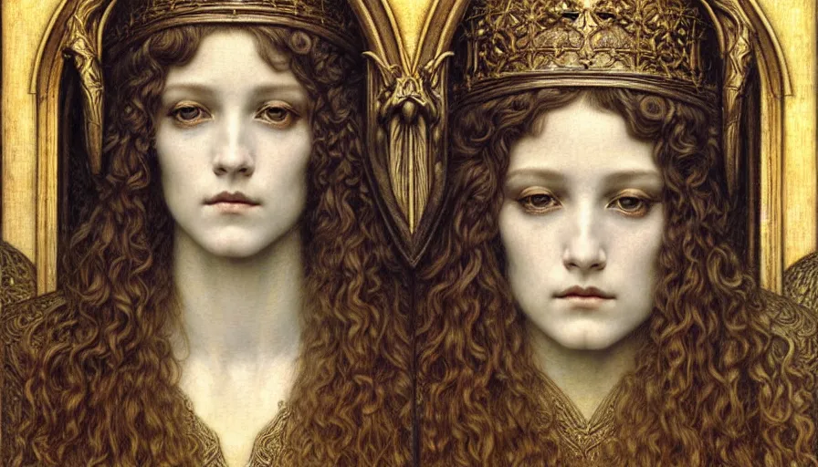 Image similar to detailed realistic beautiful young medieval queen face portrait by jean delville, gustave dore and marco mazzoni, art nouveau, symbolist, visionary, gothic, pre - raphaelite. horizontal symmetry