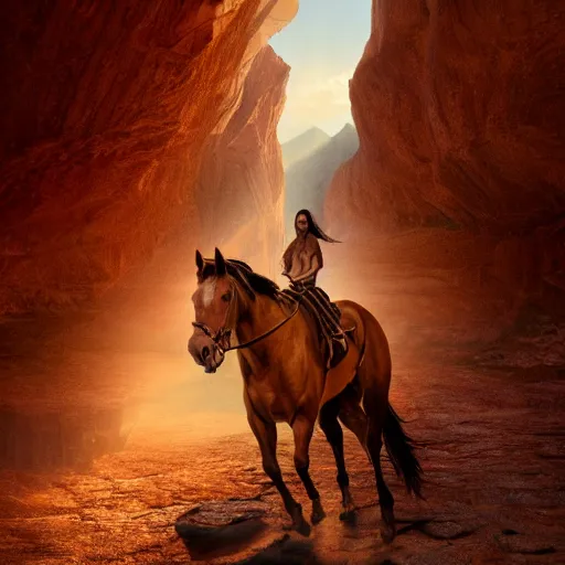 Image similar to spirit, the brown wild horse with white pastern flexion from the spirit movie, with the girl lucky on his back galloping next to a canyon into the sunset, movie poster, intricate detail, 8 k, trending on artstation, octane render