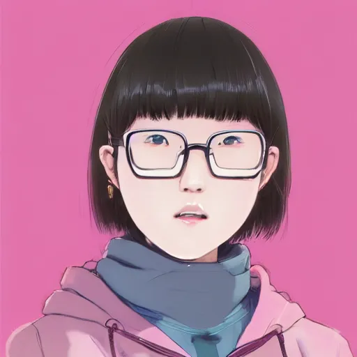 Prompt: portrait of a slightly overweight cute korean girl with a Bob cut, wearing round glasses, wearing a pastel pink hoodie, dramatic lighting, anime illustration by Greg rutkowski, yoji shinkawa, 4k, digital art, concept art, trending on artstation, アニメ, featured on pixiv