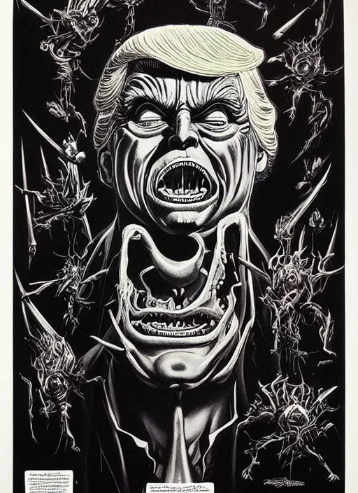 Image similar to donald trump's grotesque true form revealed, horror, high details, intricate details, by vincent di fate, artgerm julie bell beeple, 1 9 8 0 s, inking, vintage 8 0 s print, screen print