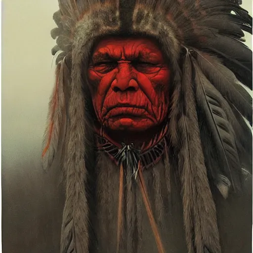 Prompt: Angry Native American Chieftain portrait, dark fantasy, red, artstation painted by Zdzisław Beksiński and Wayne Barlowe