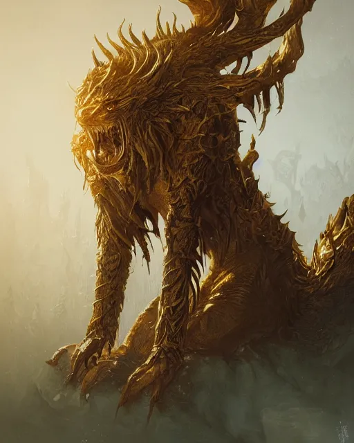 Image similar to A golden hulong resting, highly detailed, full body, fantasy art, monster art, in the style of greg rutkowski, illustration, epic, fantasy, intricate, hyper detailed, artstation, concept art, smooth, sharp focus, ray tracing