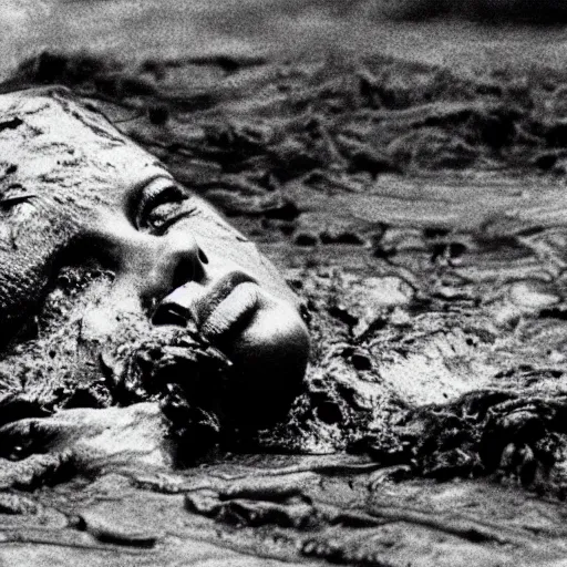 Image similar to film still, close up, charlize theron rising out of muddy vietnam river, face covered in mud, low camera angle at water level, night time, film still from apocalypse now ( 1 9 7 9 ), 2 6 mm.