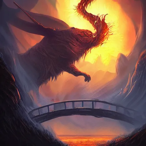 Image similar to Digital art by Anato Finnstark. Gandalf stands on a narrow bridge in the dwarven mines. A Balrog a creature of flame and shadow roars at him.