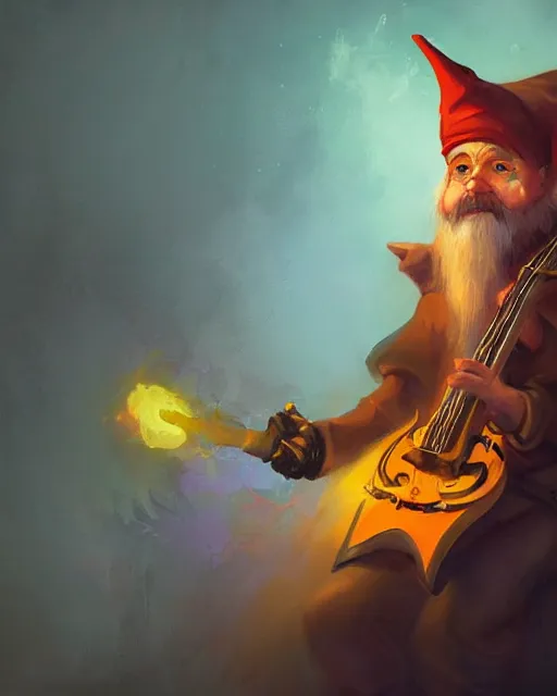 Image similar to male gnome spy, fantasy portrait, playing a magical mandolin, shadowy figure by peter mohrbacher, artstation