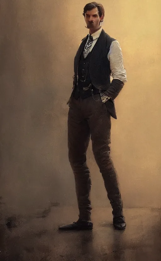 Prompt: portrait of a middle aged victorian aristocrat, waistcoat, standing upright, male, detailed face, victorian, highly detailed, cinematic lighting, digital art painting by greg rutkowski