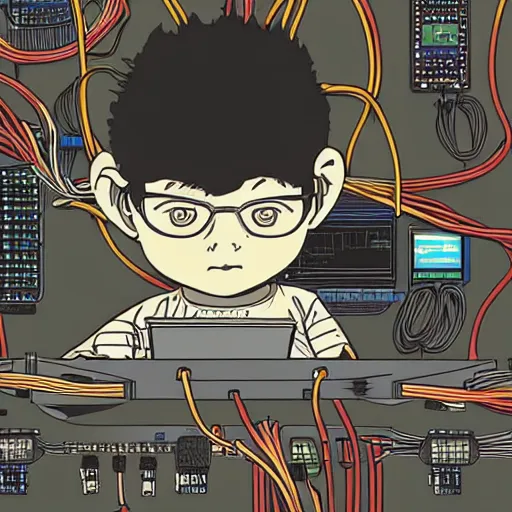 Image similar to illustration of a boy connected to his laptop with hundreds of wires, highly detailed, by ghibli, butcher billy, mcbess, rutkowski, james jean, 8 k, photorealistic