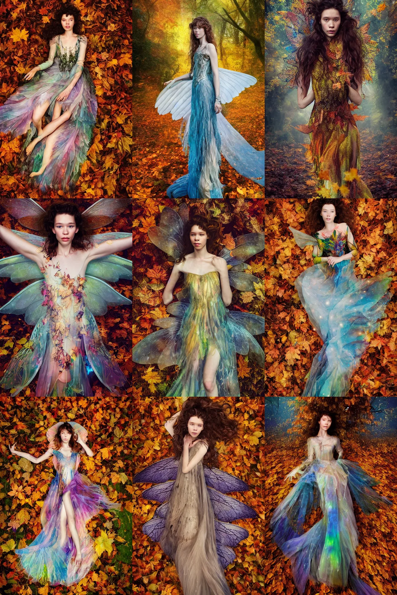 Prompt: masterwork full body portrait of astrid berges frisbey as a fairy. digital illustration. wearing a dress made out of space. lying on a background of autumn leaves. fluid, dreamy, ethereal, vivid colours. sharp focus. highly detailed face. wow! digital art. lightroom. cinematic lighting.