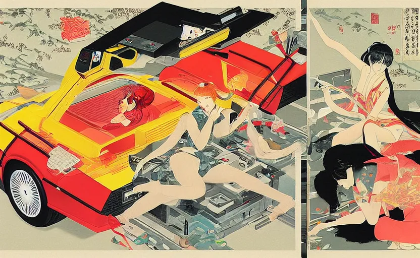 Image similar to a red delorean and a yellow tiger, painting by hsiao - ron cheng & utagawa kunisada, magazine collage style,