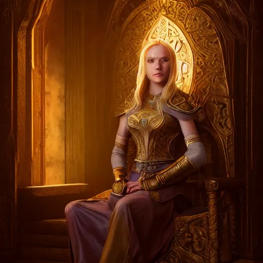 Image similar to the elder scrolls vi, charismatic regal blonde high elf female jarl, portrait, throne room, atmospheric lighting, painted, intricate, volumetric lighting, beautiful, daytime, sunny weather, slight overcast, sharp focus, deep colours, ultra detailed, by leesha hannigan, ross tran, thierry doizon, kai carpenter, ignacio fernandez rios