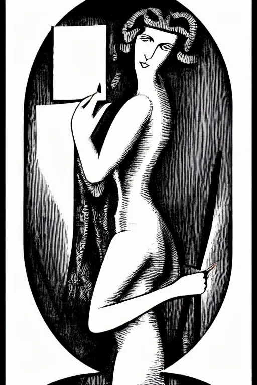 Image similar to art deco woman reading a love note art by james o barr and albrecht durer, surreal woodblock print, black and white, vector, vector art