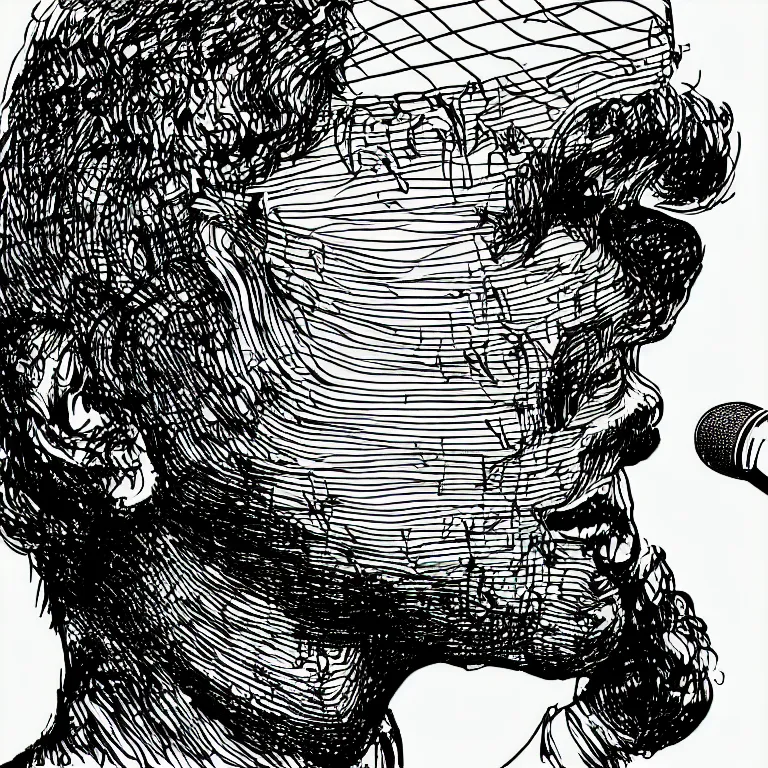 Image similar to rapping into microphone, epic angle, profile view, illustrated by Victor Moscoso