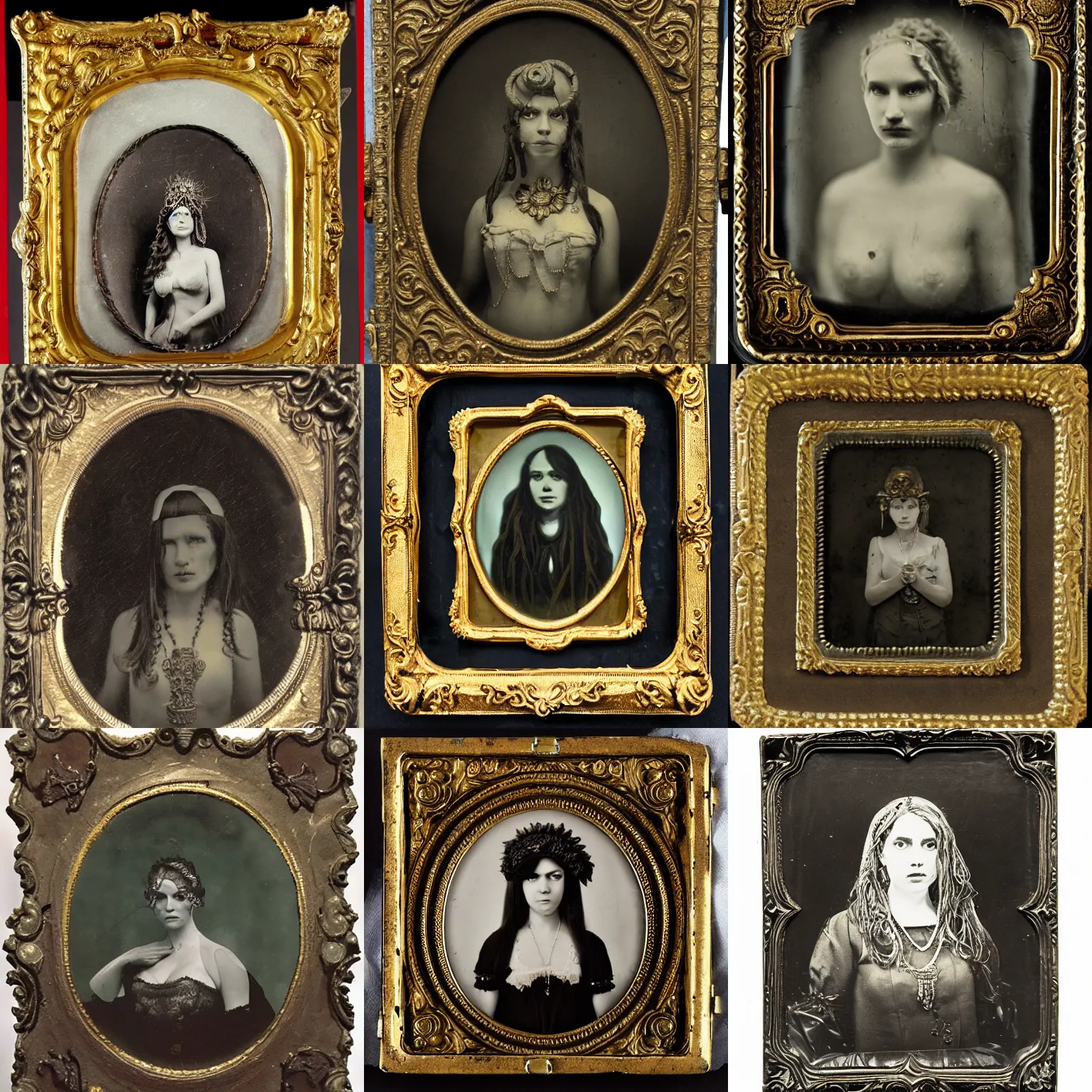 Prompt: ambrotype of a cthulhu high priestess in a baroque frame
