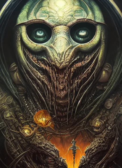 Image similar to evil dark spaceship mf doom reptile eyes, cosmic horror, intricate, elegant, highly detailed, centered, digital painting, artstation, concept art, smooth, sharp focus, illustration, artgerm, tomasz alen kopera, peter mohrbacher, donato giancola, joseph christian leyendecker, wlop, frank frazetta