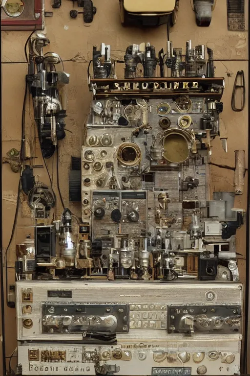 Image similar to a photo taken by someone who doesn't know how to use a camera, the most complex kodak camera ever made with vacuum tubes, capacitors and coils inside, through a dirty store window by Wes Anderson, grungy, weathered Ultra detailed, hyper realistic, 4k