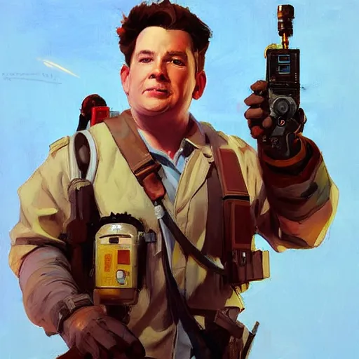 Prompt: greg manchess portrait painting of armored ghostbuster peter venkman overwatch character, medium shot, asymmetrical, profile picture, organic painting, sunny day, matte painting, bold shapes, hard edges, street art, trending on artstation, by huang guangjian and gil elvgren and sachin teng