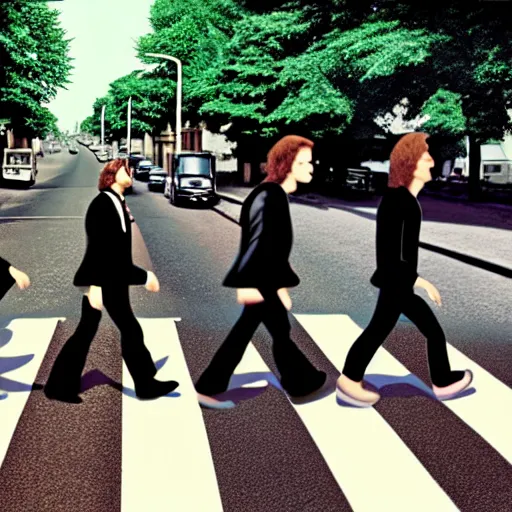 Image similar to 4 men walking on crosswalk on abbey road, city, digital art, 8 k.