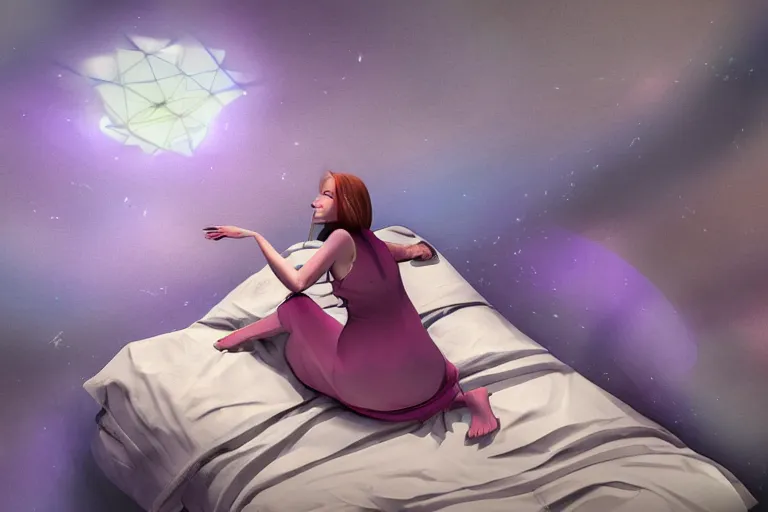 Prompt: a woman of great beauty lies in the center of a spacious bed, as she looks up at the ceiling, dreaming about a faraway place, digital art, 3 d modeling, light painting, night scene, surrealism, illustration, digital illustration, painted, overhead photography!!