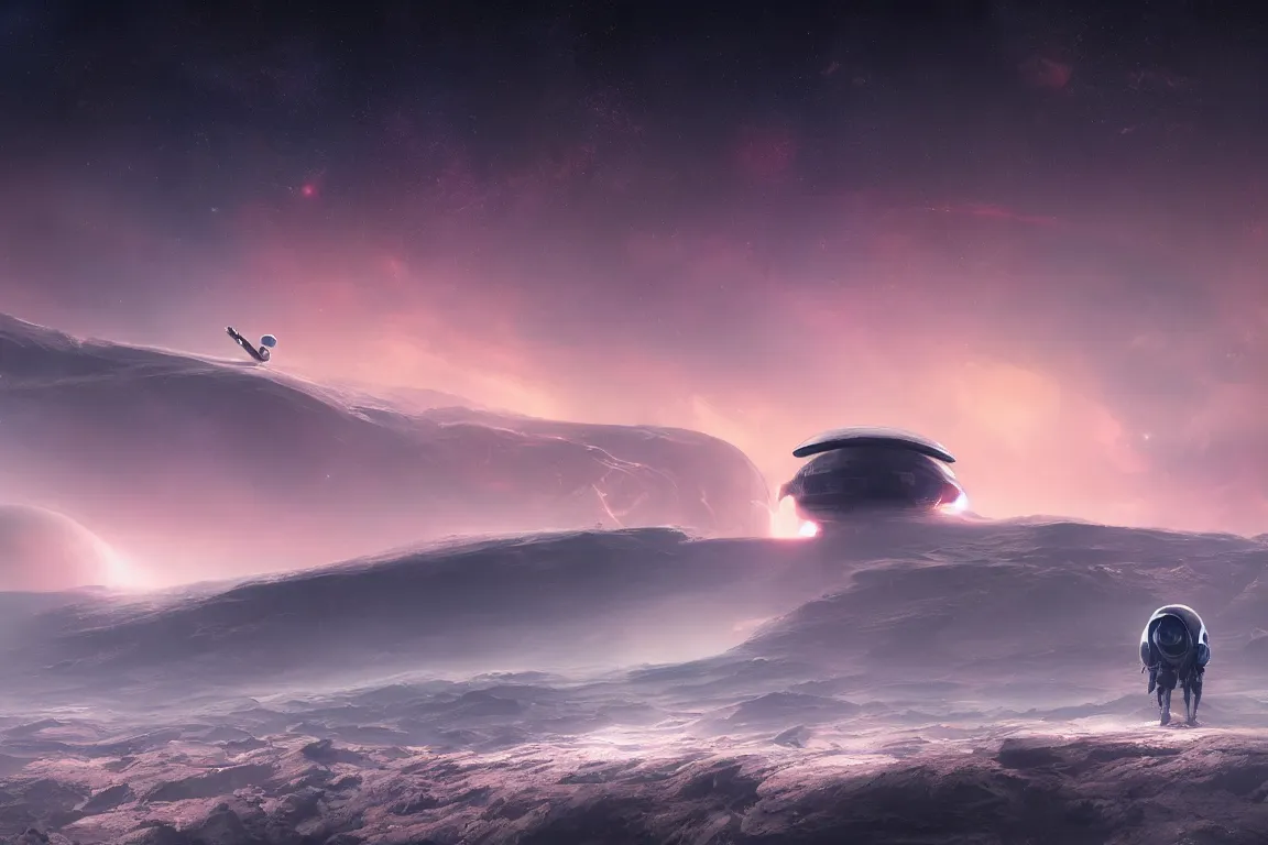 Image similar to beautiful landscape of an alien planet with spectacular astronomical sky with a planet on the horizon, a lonely landed spaceship stands lost in the loneliness, octanrender, artstation