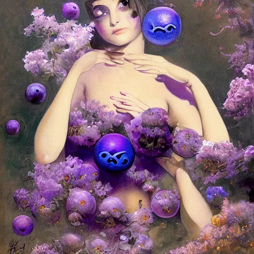 Prompt: a girl with three eyes : : on 5 translucent luminous spheres, full of floral and berry fillings, in an ocean of lavender color by frank frazetta