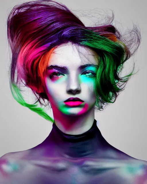 Image similar to dynamic hair flip, chic graphic street fashion model, color interference, high fashion photograph portrait, WLOP, Alexis Franklin, Felipe Pantone