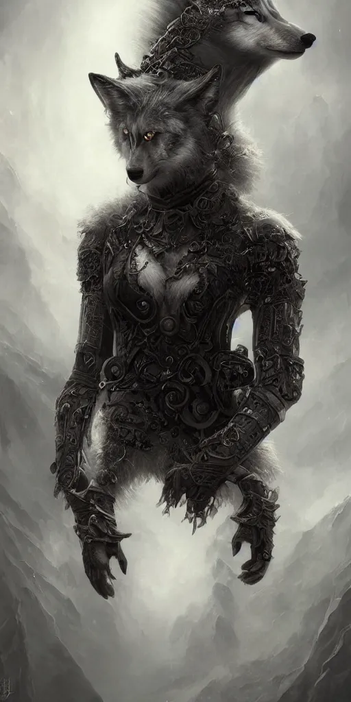 Image similar to tom bagshaw, soft painting fractal curiosities carnival, single beautiful anthropomorphic wolf mutation in full nightshade gothic armor, accurate features, focus, very intricate ultrafine details, black white purple volumetric clouds, award winning masterpiece, octane render 8 k hd