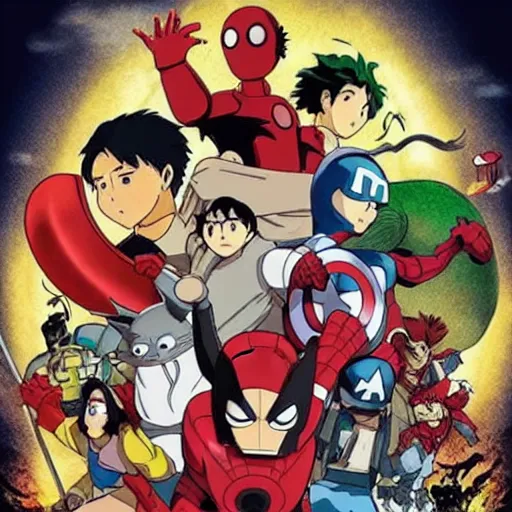 Prompt: “studio ghibli cartoon of marvel cinematic universe”