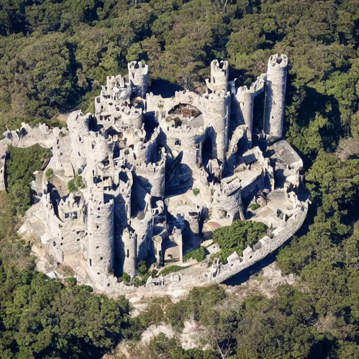 Image similar to aerial view of a punisher fortress from above on a hill by the ocean. castle shaped shaped exactly like the punisher symbol detailed