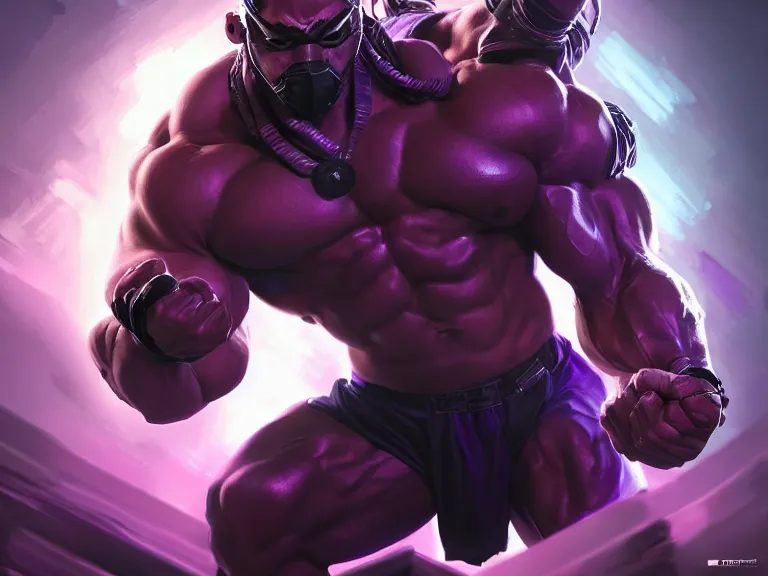 Prompt: portrait of a bodybuilding ninja, energy surrounds, rule of thirds, black and purple gradient, photorealistic facial features, league of legends splash art, by chengwei pan, huang guangjian, viktoria gavrilenko, artgerm, greg rutkowski, 8 k, octane, digital painting, artstation