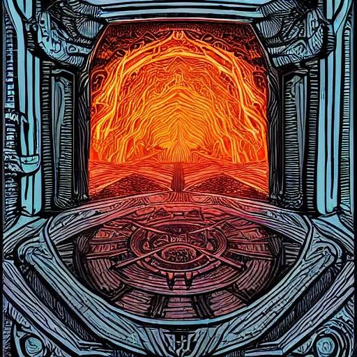 Prompt: demonic portal to hell by Dan Mumford. Stargate. Very detailed intricate linework