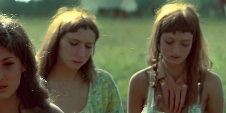 Prompt: photorealistic documentary style close macro up cinematography of sexy flowerchild woman at the 1 9 6 9 woodstock festival shot on 1 6 mm eastman 7 2 5 4 film with a angenieux 1 2 - 1 2 0 mm zoom lens shot at magic hour by cinematographers, malcolm hart, don lenzer, michael margetts, david myers, richard pearce, michael wadleigh