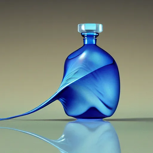 Prompt: perfume bottle in cool blue rippling flat water, serene, zen, minimalist, simple path traced, environment, up close shot shinji aramaki, karol bak, alphonse mucha