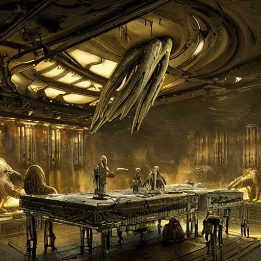 Prompt: scene from prometheus movie, hr giger artlilery spaceship lands in country tavern, filigree ornaments, volumetric lights, micheal whelan