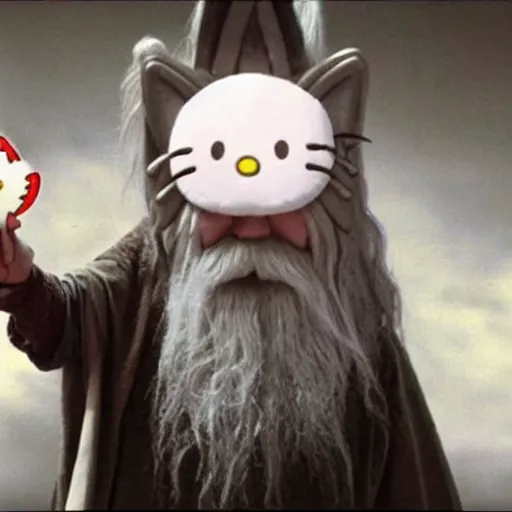 Image similar to portrait of gandalf as Hello Kitty, holding a blank playing card up to the camera, movie still from the lord of the rings