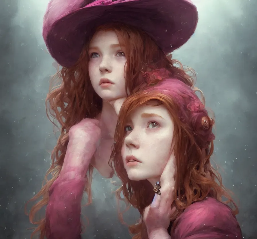 Prompt: realistic, dramatic, fantasy, render of a redhead young girl, with a pink wool street hat on her head, by wlop, artgerm, greg rutkowski, alphonse mucha, beautiful dynamic, dramatic, dark, moody lighting, shadows, cinematic atmosphere, artstation, concept design art, octane render, 8 k