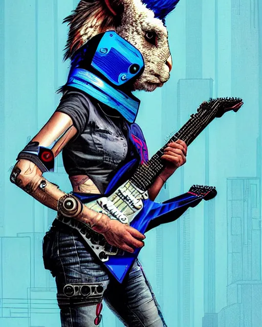 Prompt: a portrait of an anthropomorphic cyberpunk blue lhama shredding an electric guitar by sandra chevrier, by jon foster, detailed render, tape deck, epic composition, cybernetics, 4 k realistic, cryengine, realistic shaded lighting, sharp focus, masterpiece, by enki bilal