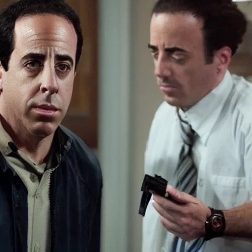 Prompt: Live Action Still of Young Jerry Seinfeld in Breaking Bad, real life, hyperrealistic, ultra realistic, realistic, highly detailed, detailed, very detailed, cool, ultra detailed, very realistic, trending on artstation, epic, HD quality, 8k resolution, body and headshot, film still, real, detailed face, very detailed face, real life