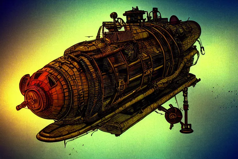 Prompt: steampunk submarine!, in the style of john avon and derek riggs and eva widermann, trending on artstation, halfrear lighting closeup view anaglyph filter, bokeh, anime, colored pencil art, jean henri gaston giraud