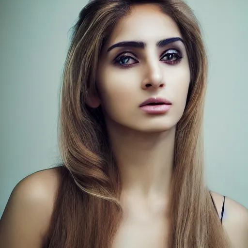 Image similar to portrait of a majestic Iranian young woman with long blonde hair, photorealist, 4k, DSLR Photograph