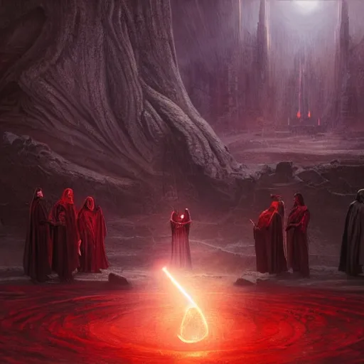 Image similar to A group of people in Sith lord robes pray to a red marble serpent statue, the scene is lit by a red moon., Matte painting , detailed painting, greg rutkowski