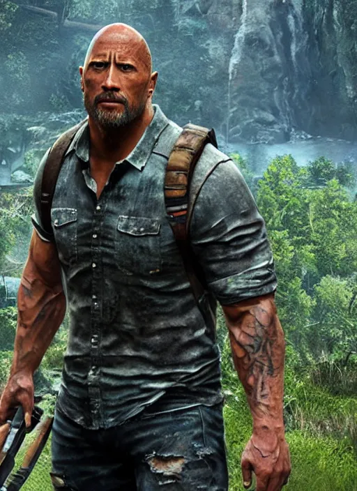 Prompt: dwayne johnson in the last of us, gameplay screenshot, close up, 3 d rendering. unreal engine. amazing likeness. very detailed.