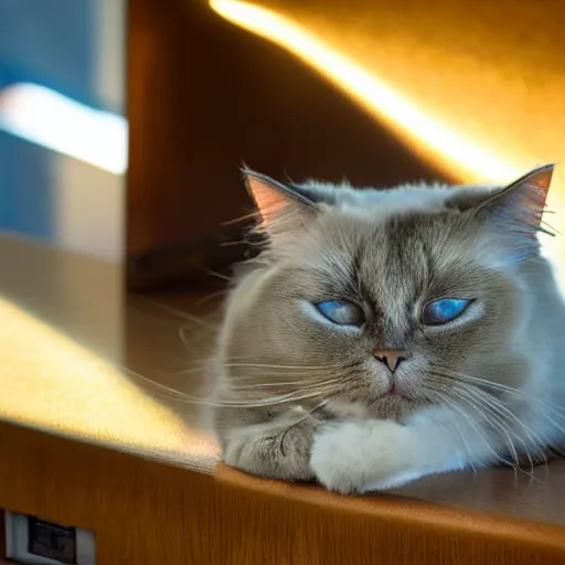 Prompt: ragdoll cat sleeping on a mid - century radio, soft cinematic lighting, realistic photograph,