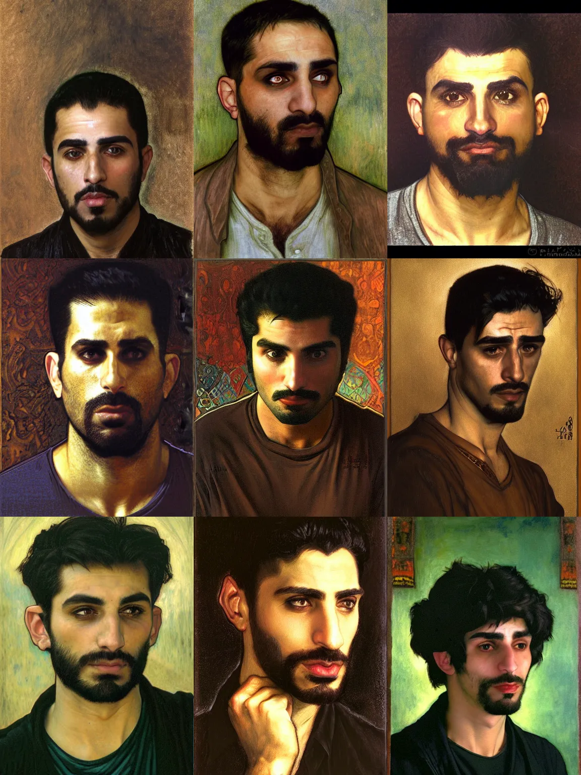 Prompt: portrait of a modern middle-eastern man wearing a dark shirt, upper body 2d game avatar, Donato Giancola, Kodak film stock, chiaroscuro lighting, default pose neutral expression, expressionist colour, face-on head shot, close-up, eye-contact, sharp focus, shape language, Alphonse Mucha/Gustav Klimt style, alpha masked transparent flat grey background, 4k, volumetric lighting, French Nouveau, trending on artstation, octane render, ultra detailed, hyperrealistic