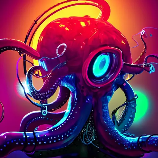 Prompt: cyberpunk octopus with headphones playing synthesizers, lights, lasers, music, highly detailed, realistic,