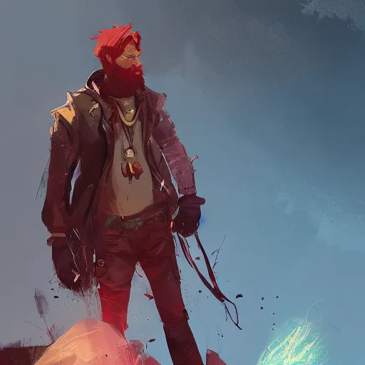 Image similar to human male character art, by Ismail Inceoglu, red hair, red beard, sunken eyes, shabby leather clothes, necklace, digital art, dungeons and dragons, art