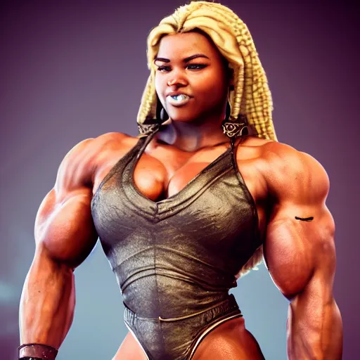 Image similar to a handsome bodybuilder viking girl with african american, clash royal style characters, unreal engine 5, octane render, detailed, cinematografic, cinema 4 d, artstation trending