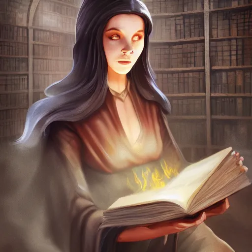 Prompt: a beautiful matte painting of a female dnd fantasy mage in a dusty library learning a new spell, hyperrealistic, artstation